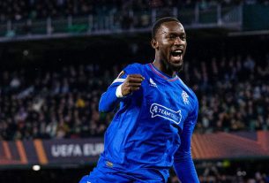 SEVILLE, SPAIN - DECEMBER 14: Rangers' Abdallah Sima celebrates as he scores to make it 1-0 during a UEFA Europa League match between Real Betis and Rangers at Estadio Benito Villamarin, on December 14, 2023, in Seville, Scotland. (Photo by Alan Harvey / SNS Group)