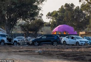 At the Nova music festival and nearby, UN envoy Patten said, 'there are reasonable grounds to believe that multiple incidents of sexual violence took place with victims being subjected to rape and/or gang rape and then killed or killed while being raped'. Pictured: Destroyed and damaged cars are left on the side of the road at the site of the Nova festival