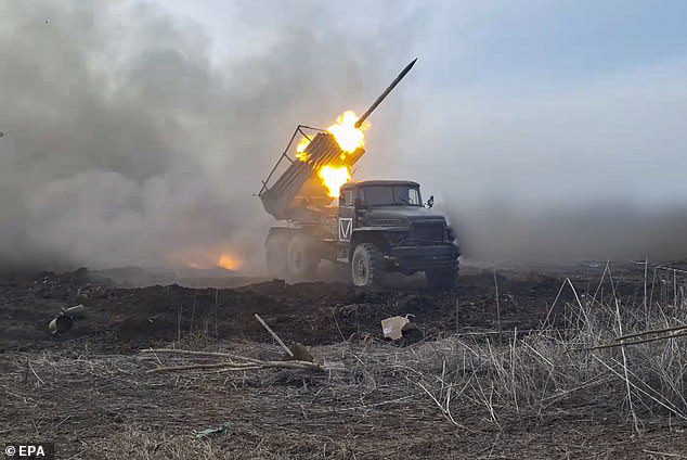 China has increased its support for Vladimir Putin 's war in Ukraine by sending military equipment to Russia, American officials have said. Pictured: A Russian missile launcher fires rockets in the direction of Ukrainian troops in this image released on April 4