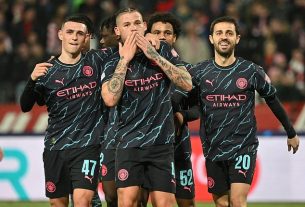 Kalvin Phillips (centre) scored his first Man City goal in their 3-2 victory over Red Star Belgrade