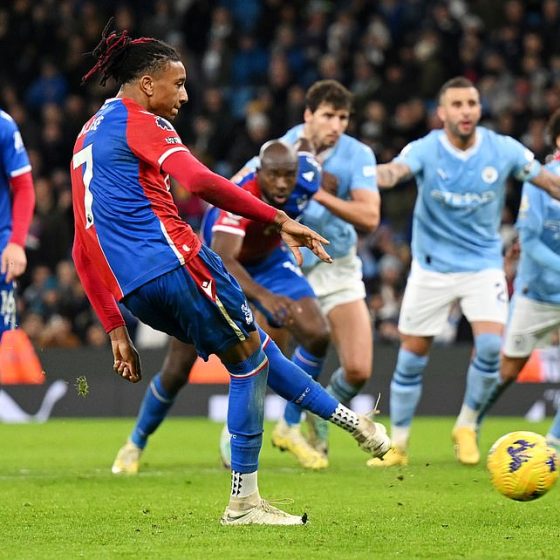 Michael Olise scored a stoppage time penalty to earn Crystal Palace a shock draw after being two goals down at Man City