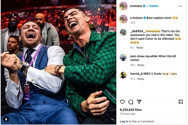 Cristiano Ronaldo asked fans to caption this picture of him and Conor McGregor laughing at the 'Day of Reckoning' on Instagram