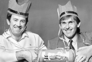 Even Christmas could bring together rivals with Everton legend, the late Howard Kendall (left),  pulling a cracker with Sir Kenny Dalglish when they were managing the Merseyside clubs