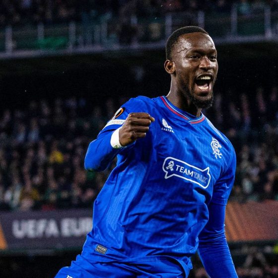 SEVILLE, SPAIN - DECEMBER 14: Rangers' Abdallah Sima celebrates as he scores to make it 1-0 during a UEFA Europa League match between Real Betis and Rangers at Estadio Benito Villamarin, on December 14, 2023, in Seville, Scotland. (Photo by Alan Harvey / SNS Group)