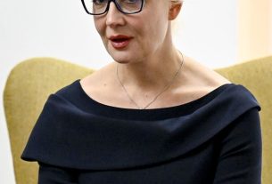 Navalny's widow Yulia Navalnaya meets Belgian Foreign minister Lahbib (not pictured) after an Informal gathering of the Ministers of Foreign Affairs of the EU
