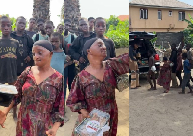 “See the way I dey roll like roll on” – Reactions as Aunty Ramota is seen receiving food at children outreach