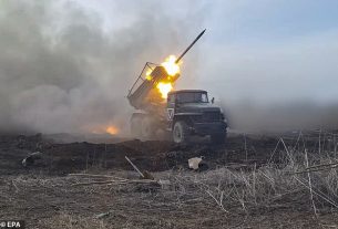China has increased its support for Vladimir Putin 's war in Ukraine by sending military equipment to Russia, American officials have said. Pictured: A Russian missile launcher fires rockets in the direction of Ukrainian troops in this image released on April 4