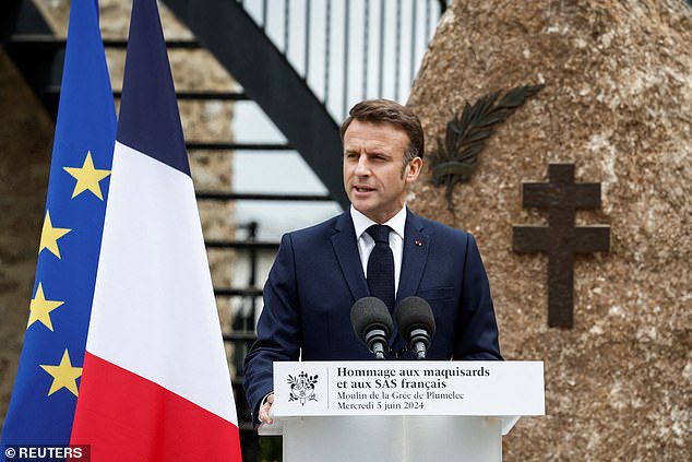 Macron paid homage to the Saint Marcel maquis, a force of French Resistance fighters during World War II and the French SAS (Special Air Service) paratroopers, in Plumelec, Brittany, on the eve of the 80th anniversary of the 1944 D-Day landings in Normandy, France June 5, 2024