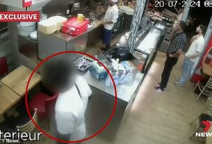 A woman, 25, sought refuge in a Paris kebab shop after being brutally raped by five men at around 5am. But just moments later, one of the woman's (blurred on the far left of image) alleged rapists (circled) approached her before 'patting her'