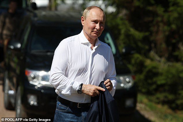 Russian President Vladimir Putin is pictured today during a meeting with the Belarusian President in northern Russia