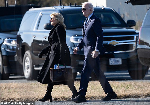 Jill Biden has been with husband Joe Biden in Rehoboth as he made his decision on the 2024 presidential race - above the couple at their beach home in February