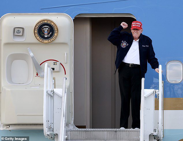 Donald Trump (pictured today on Air Force One) launched an eviscerating attack on Volodymyr Zelensky on his platform Truth Social