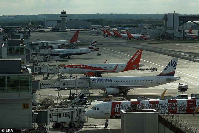 Thousands of jets were grounded on Friday as Airbus raced to issue a software update for 6,000 of its A320 planes (File image of planes sat on the tarmac of Gatwick Airport)